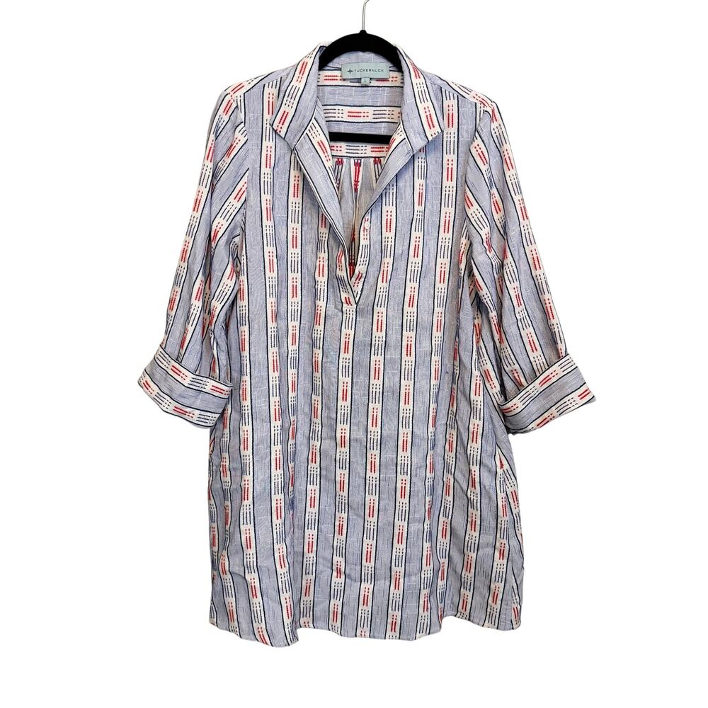 Tuckernuck Shirt Dress L Blue White Striped Mini Relaxed Vacation Travel Resort